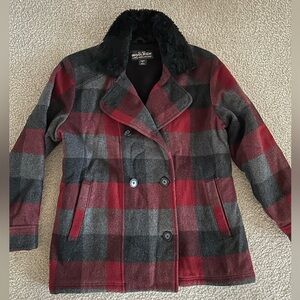 Woolrich Buffalo Plaid Ref/Black/Gray Wool Blend Coat size Medium